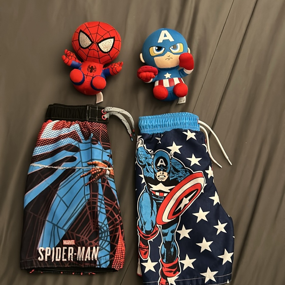 Little Boys (Sz 4) Marvel Swim-trunks x2 and TY Marvel 8-in Beanie x2 - Bundle